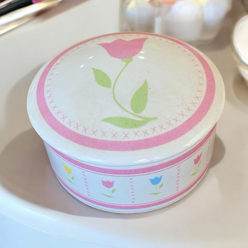 Vintage 1987 FTDA Pastel Tulip Ceramic Candle Holder Trinket Box With Lid